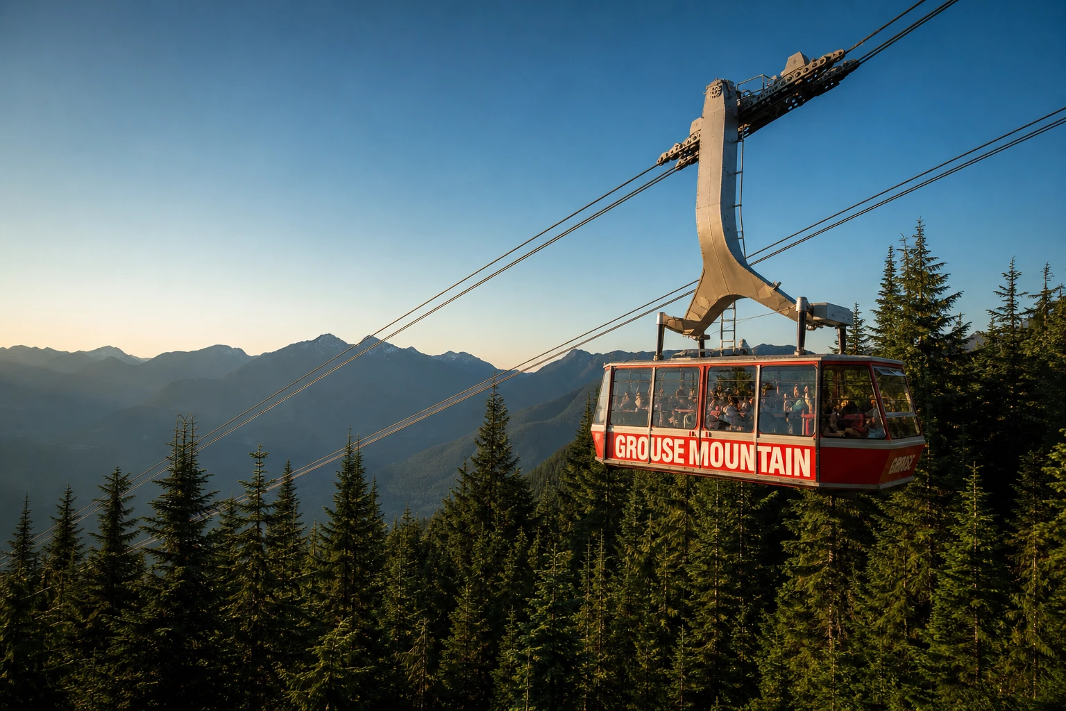 Téléphérique Red Skyride de Grouse Mountain survolant la forêt de North Shore