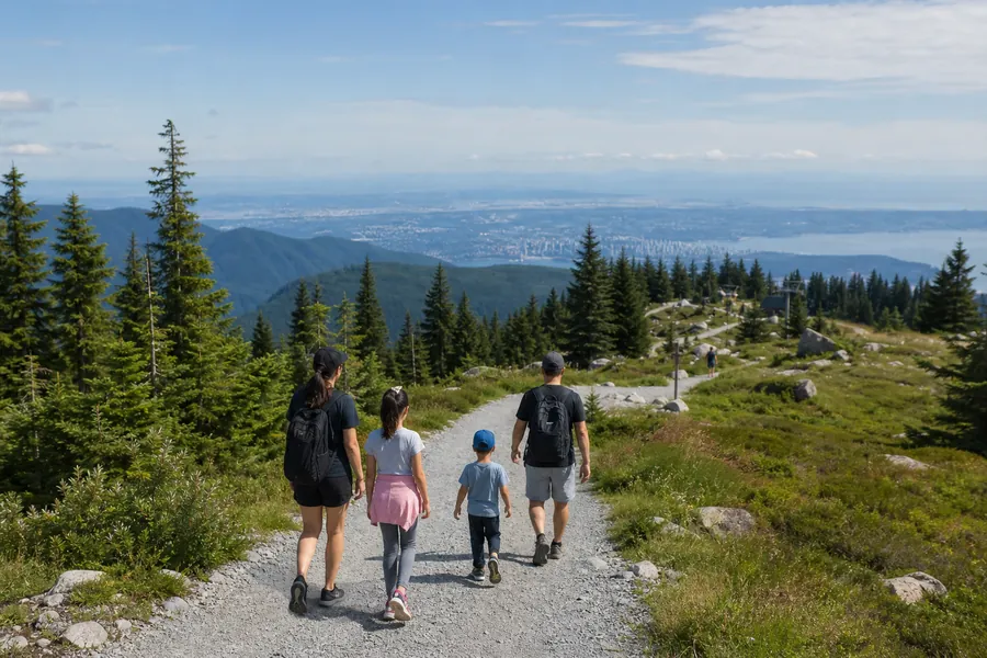 Visiteurs explorant les espaces ouverts au sommet de la montagne